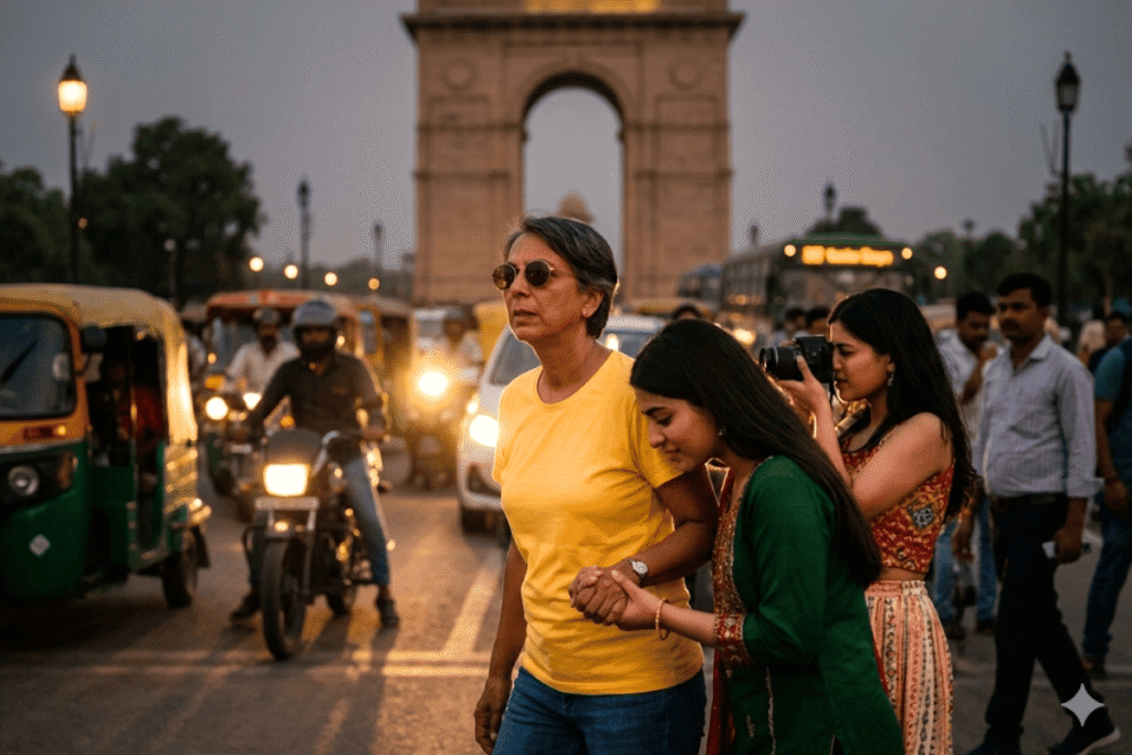 Tour companion in Delhi walking near India Gate during evening time