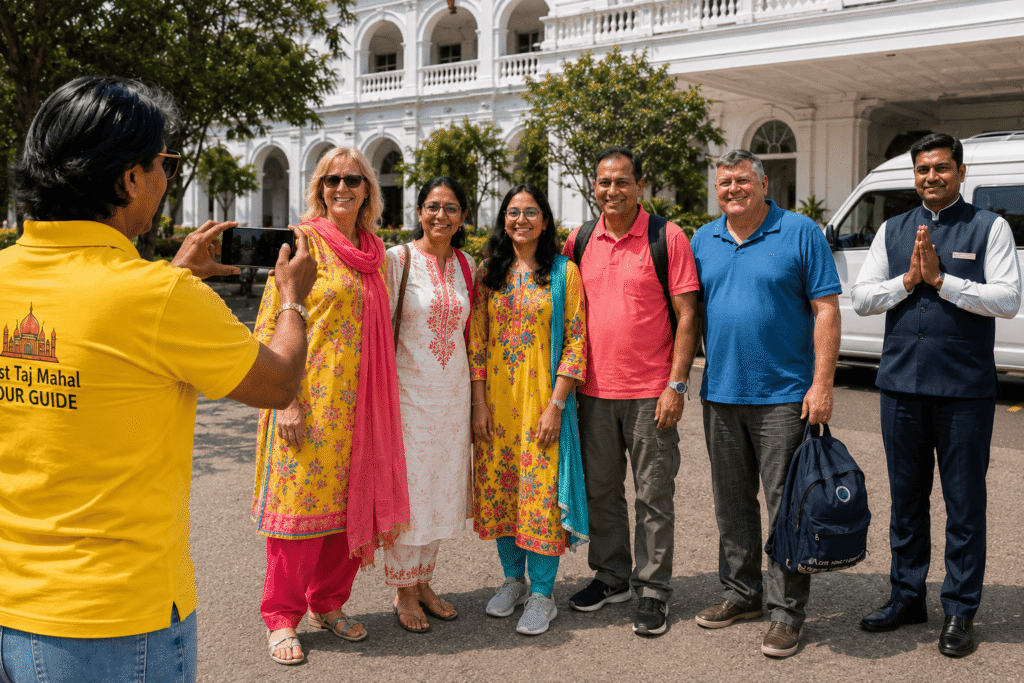 Delhi to Taj Mahal Private Tour | Same Day Agra Trip by Car 4 British couples are exited to go to see the Taj mahal, Tour guide welcome them at the hotel with a nice car on Delhi to Taj Mahal private Trip