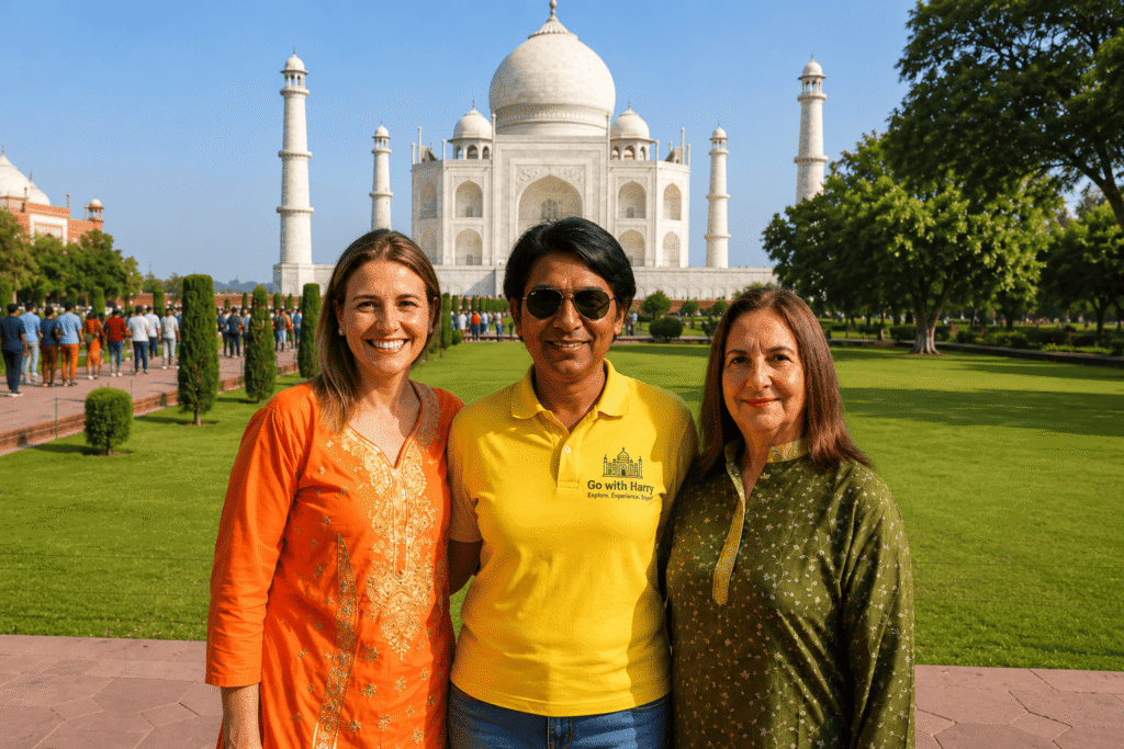 Delhi to Taj Mahal Private Tour | Same Day Agra Trip by Car 6 Mother and Daughter from Spain enjoying visiting Taj Mahal and Best smiling pose with Tour guide on there Delhi to Taj Mahal Private Tour | Same Day Agra Trip by Car