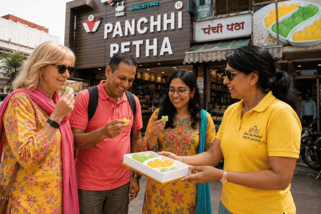 Delhi to Taj Mahal Private Tour | Same Day Agra Trip by Car 5 FOREIGN TOURISTS enjoying a delicious sweet Petha at AGRA with tour guide Delhi to Taj Mahal Private Tour | Same Day Agra Trip by Car