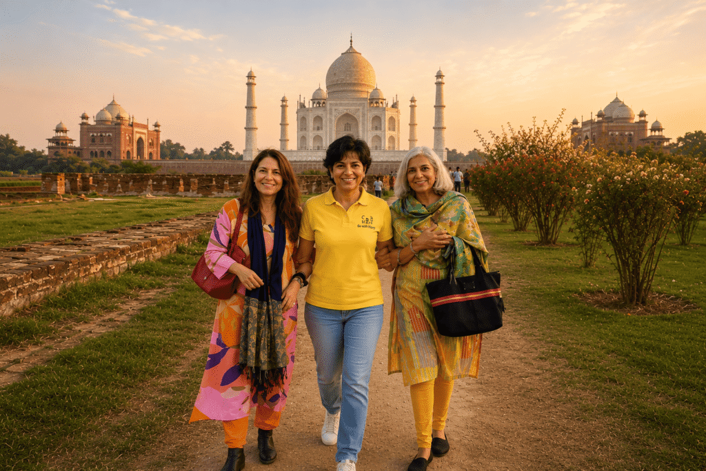 Delhi to Taj Mahal Private Tour | Same Day Agra Trip by Car 8 Two Mexican Ladies strolling in Mehtab Garden after having Delhi to Taj Mahal Private tour with Tour Guide