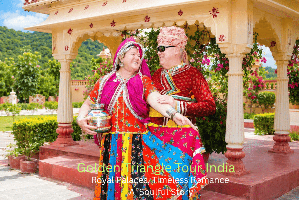 International tourists Sarah and Brad enjoying traditional Rajasthani dress during the Golden Triangle Tour India with Delhi, Agra and Jaipur sightseeing experience guided by Private tour guide Harry.