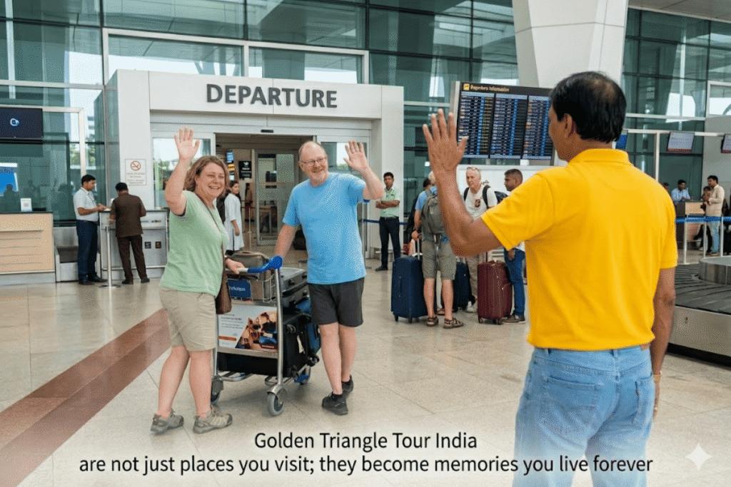 International Tourists going back home happily after Golden Triangle Tour India at the Departure of Delhi Airport they were waving back to Harry 