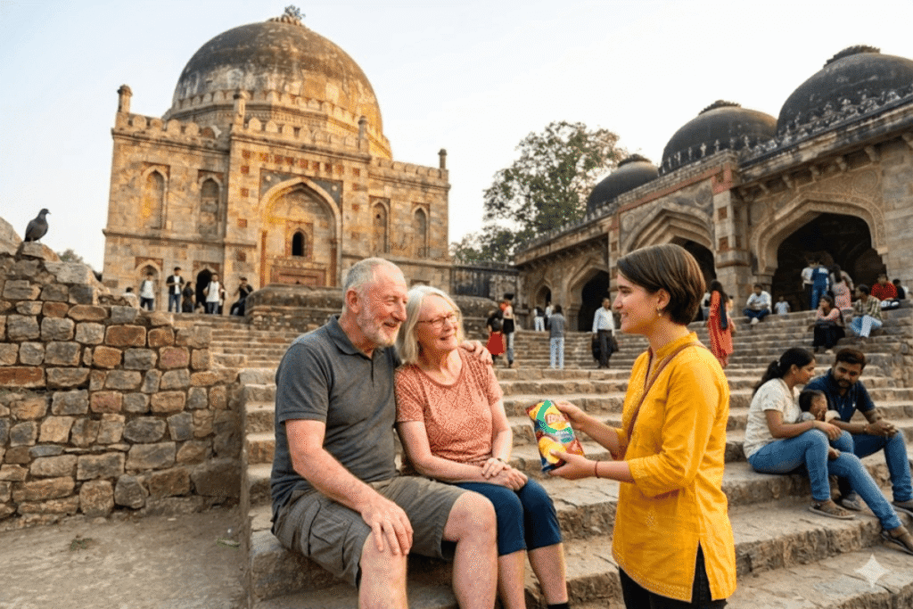 Lodhi Garden Heritage Walk with local guide Harry near Lodhi Tomb Delhi Enjoying local snacks watching Delhi People