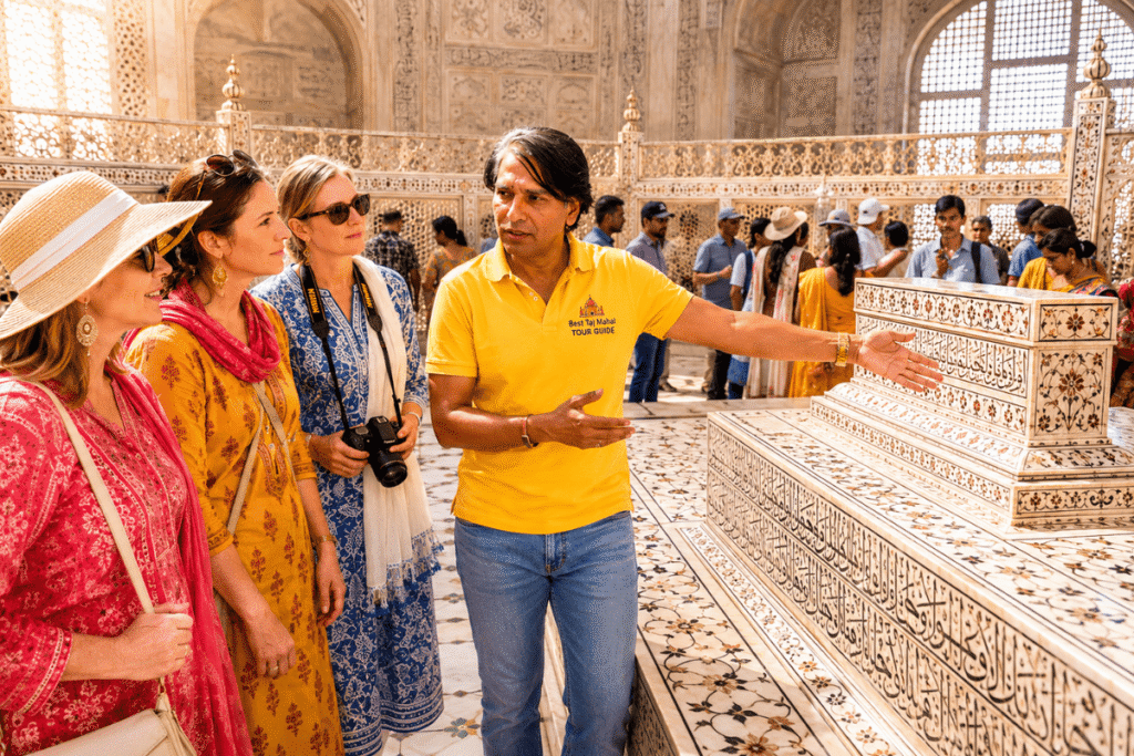 Delhi to Taj Mahal Private Tour | Same Day Agra Trip by Car 9 International Lady tourists are enjoy listening the story of Mumtaz mahal and Shah Jahan from the best Taj Mahal tour guide on Delhi to Taj Mahal Private Tour | Same Day Agra Trip by Car