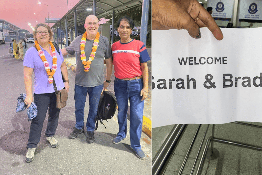 Golden Triangle Tour India – Delhi Agra Jaipur with Private Tour Guide, me and Brad was welcomed by flowers smile and happiness by our Tour guide in India