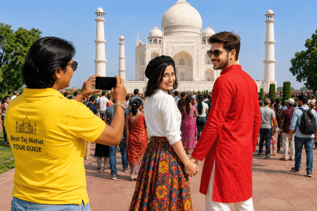 Delhi to Taj Mahal Private Tour | Same Day Agra Trip by Car 11 Isabella Rossi – Italy having a best couple pose at Taj Mahal with Tour Guide on there Delhi to Taj Mahal Private trip