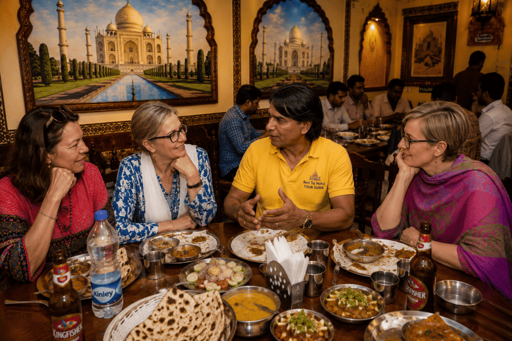 Delhi to Taj Mahal Private Tour | Same Day Agra Trip by Car 7 On Delhi to Taj Mahal Private Tour European Ladies enjoying a delicious local lunch with there tour guide | Same Day Agra Trip by Car