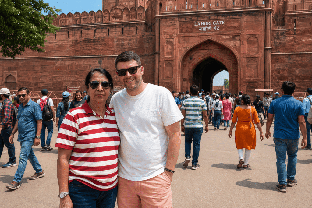 International tourist David admiring the majestic red sandstone walls of the Red Fort on a guided tour in Delhi