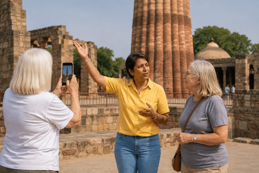 Delhi Guided Tour – Exploring Old & New Delhi with a Local Storyteller, Tourists looking at Qutub Minar complex
