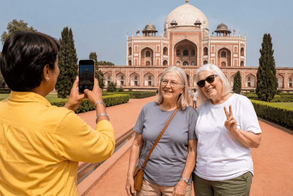 Delhi Guided Tour – Exploring Old & New Delhi with a Local Storyteller, Tourist walking at Humayu's Tomb with guide