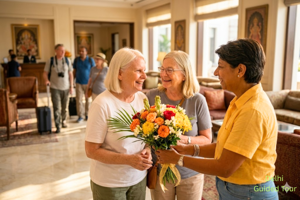 Delhi Guided Tour – Exploring Old & New Delhi with a Local Storyteller Companion Delhi tour guide meeting Tourist at Hotel Lobby in the morning before delhi tour