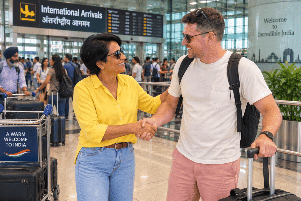 Licensed Delhi tour guide Harry  welcomes a smiling David from London at the Delhi airport terminal