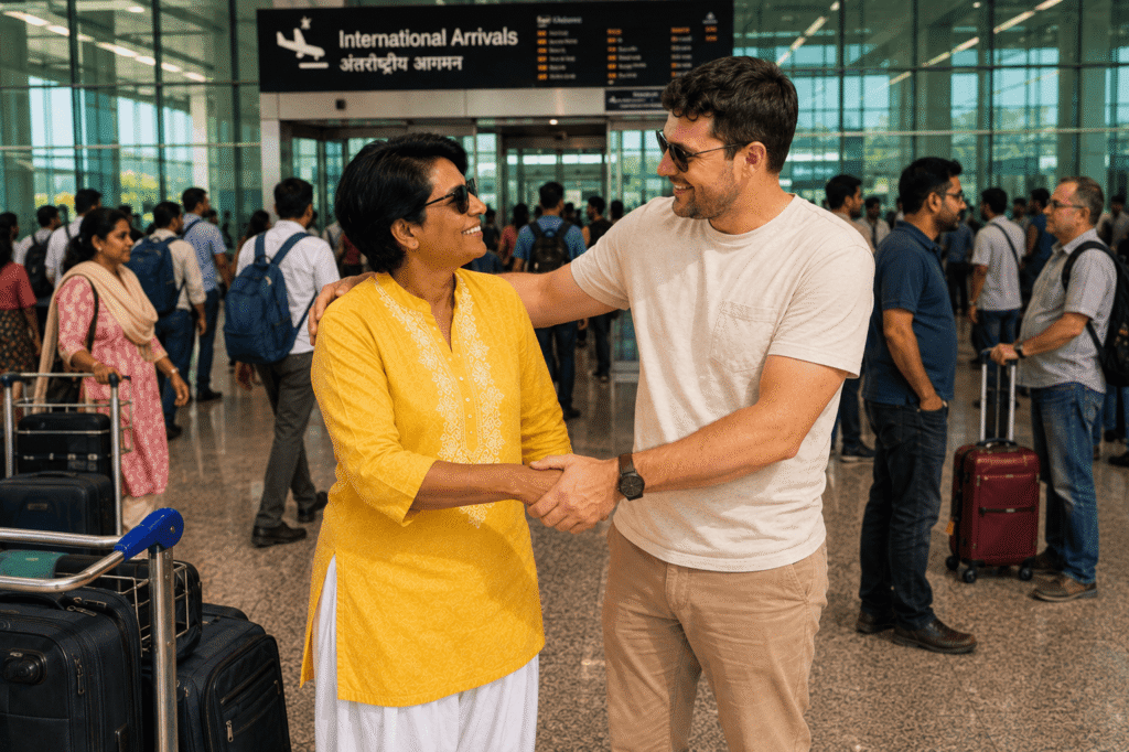 Licensed Delhi tour guide Harry  welcomes a smiling David from London at the Delhi airport terminal