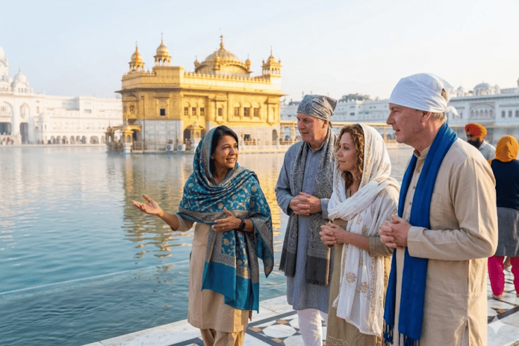 International tourists Exploring India Stress-Free with a Trusted Private Tour Guide in India at Golden Temple enjoying the beauty and divinity.