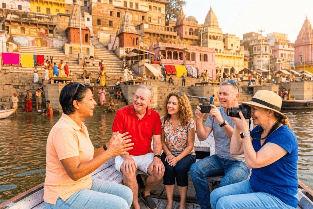 Scenic view of the sacred Ganges river ghats in Varanasi during a private spiritual tour guide experience in India