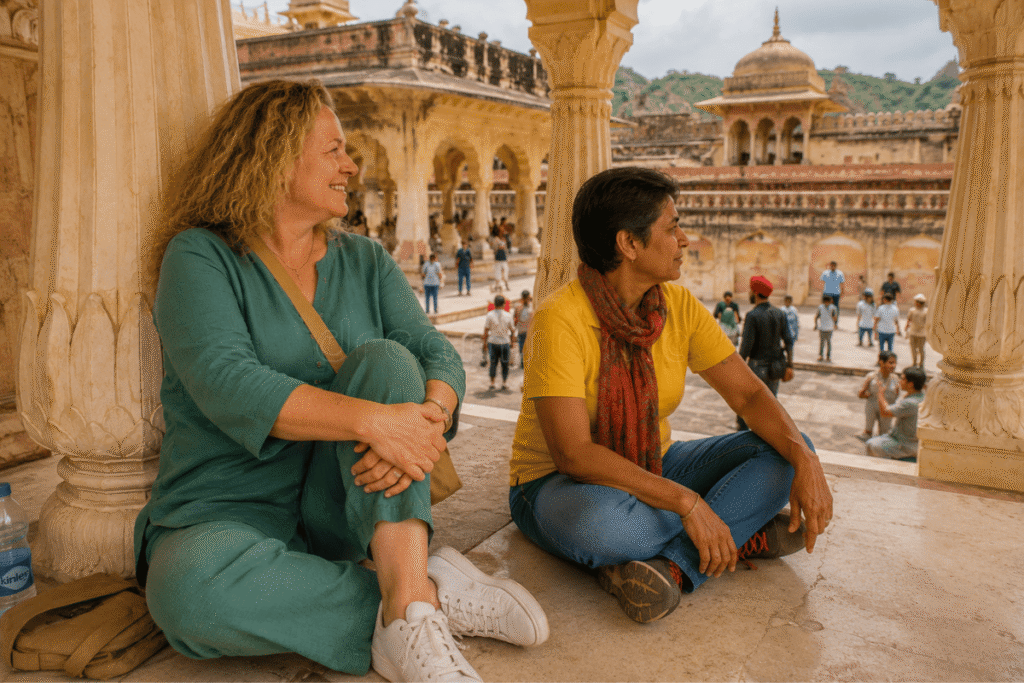 Tour Guide in Jaipur: having a  Romantic gossips with an international tourists of the 12 queens of Maharaja Man Singh at Amber fort Jaipur