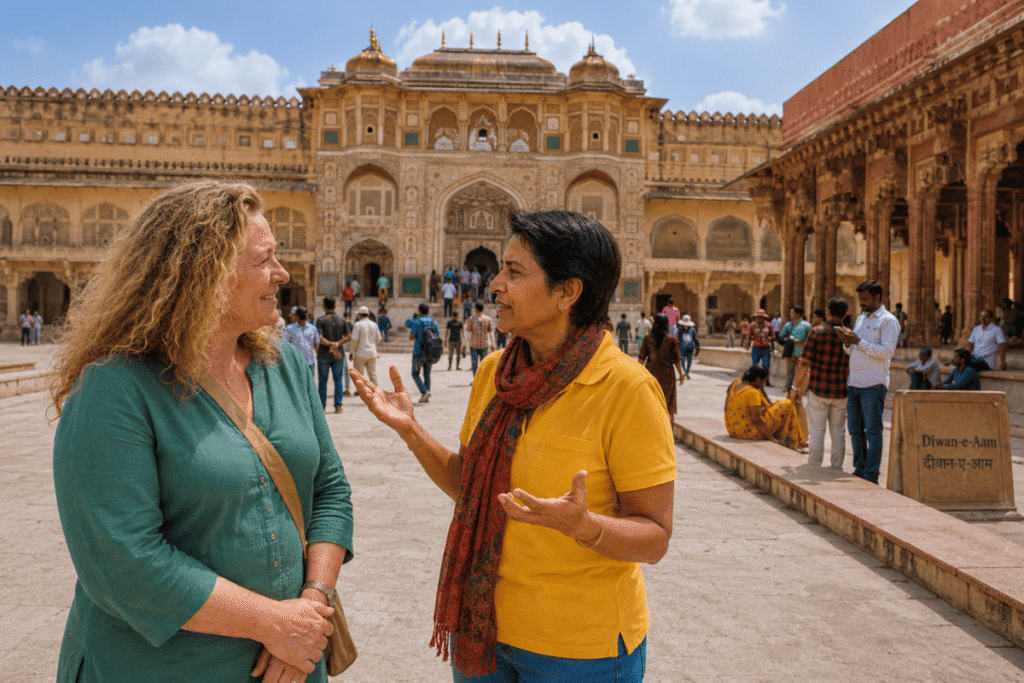 an international tourist listening the story of Ganesh pol and diwan e aam from Tour guide in Jaipur at Amber fort near Singh pol
