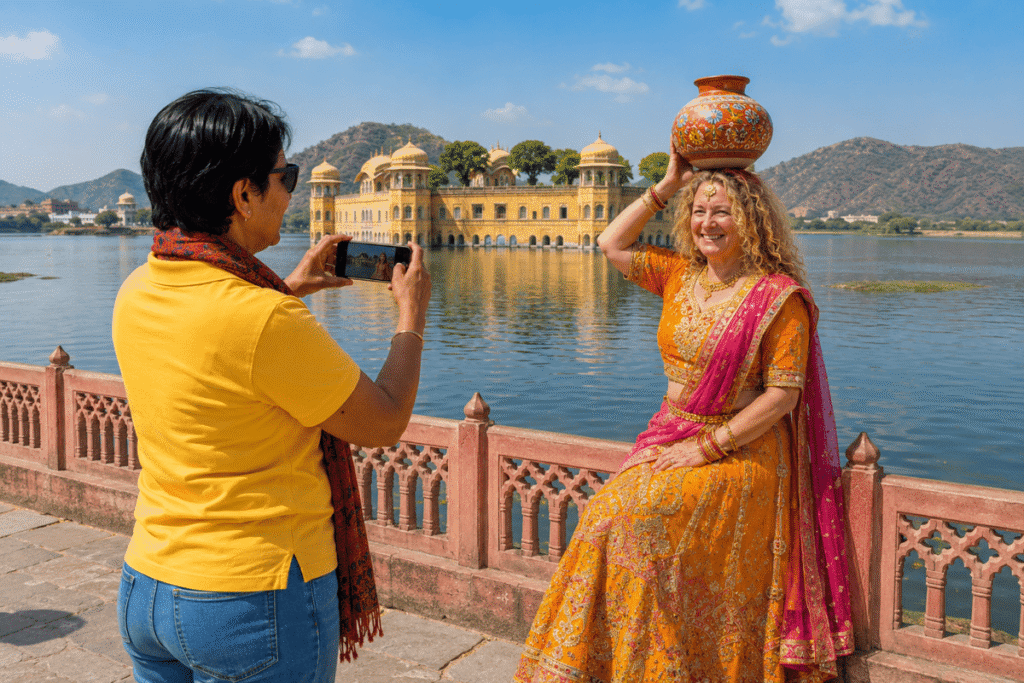 Tour Guide in Jaipur taking photos of an American tourist wearing Rajasthani dares at Jal Mahal for fun