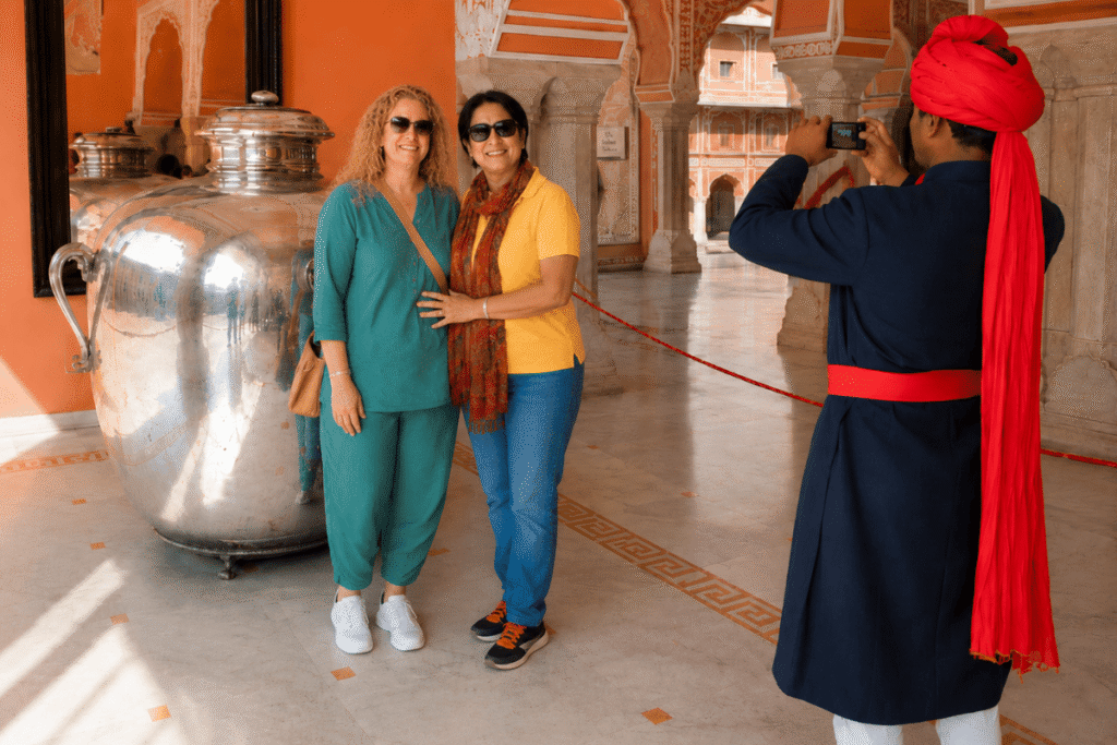 International Tourist enjoy taking a photo at City Place with Tour guide in Jaipur. Amazing silver urns which filled with Ganga water and travelled to London