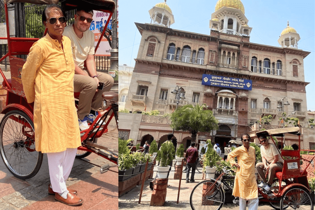 International tourist David taking a safe local rickshaw ride through the busy lanes of Chandni Chowk spice market with private Delhi tour guide Harry