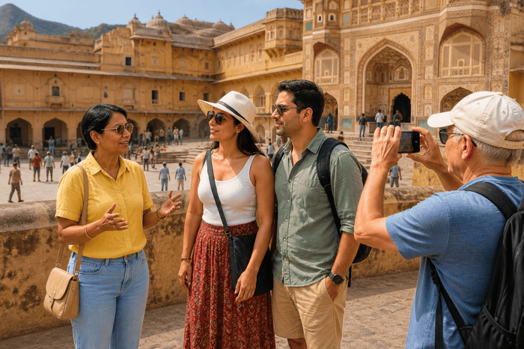 Go With Harry – Explore Delhi, Agra & Jaipur with a Best Delhi Tour Guide, Foreign tourist enjoying the pink city Jaipur taking photos of Amber fort and elephants