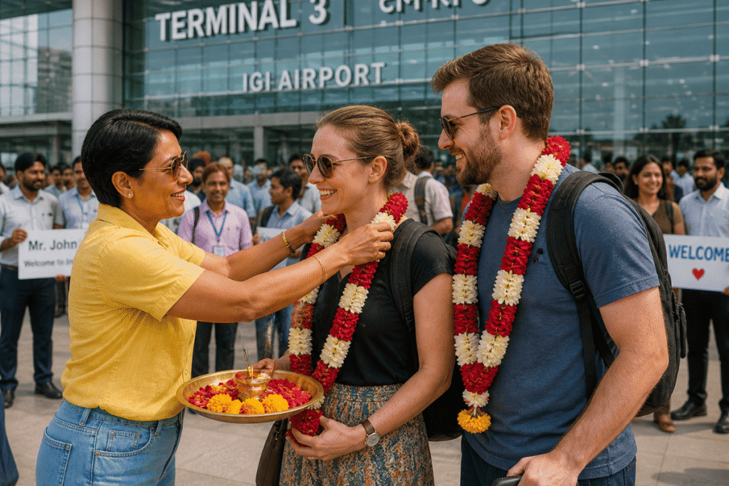 Go With Harry – Private Tours in Delhi, Agra & Jaipur A Canadian Couple is being welcomed at Delhi airport with  flower garlanding, tilak on forehead and incense ,  couple felt very happy  with the first impression of Delhi Tour
