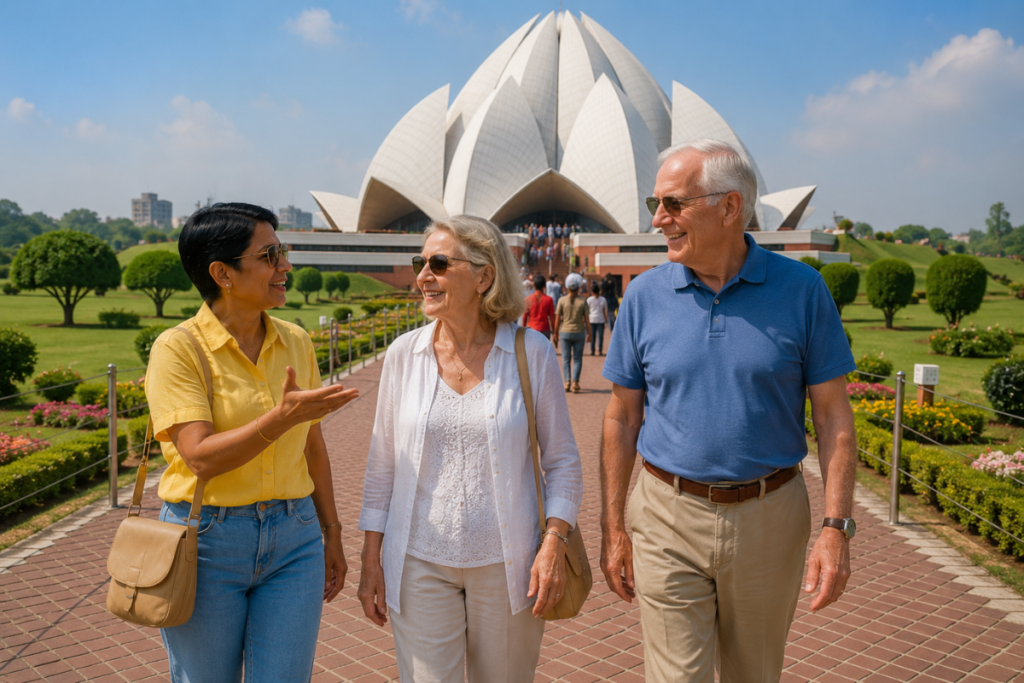 Foreign tourists enjoy the peaceful meditation hall of Lotus temple with Go With Harry on Private tours in Delhi