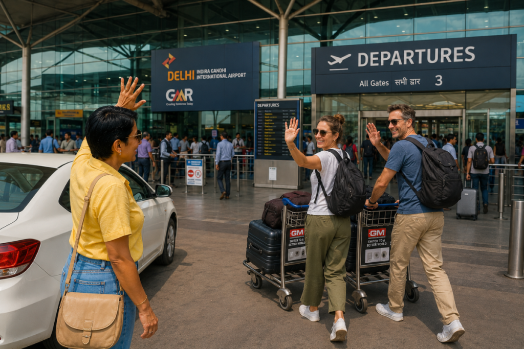 International tourists waving back emotionally to their private tour guide in India Harry at the Delhi airport departure gate