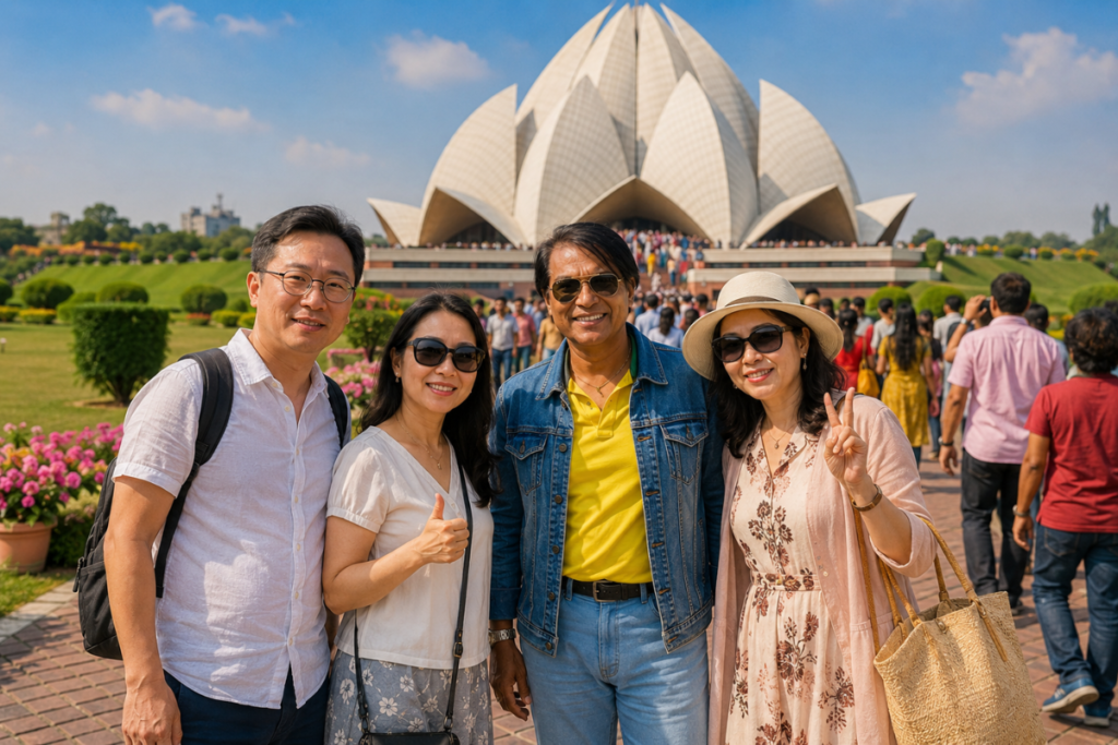 Foreign tourists having a heritage walk experience in Delhi with their India travel companion