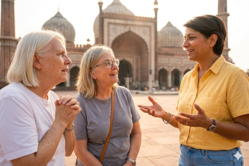 Delhi Guided Tour – Exploring Old & New Delhi with a Local Storyteller, Delhi tour guide explain abut Jama Masjid and old delhi to Touists