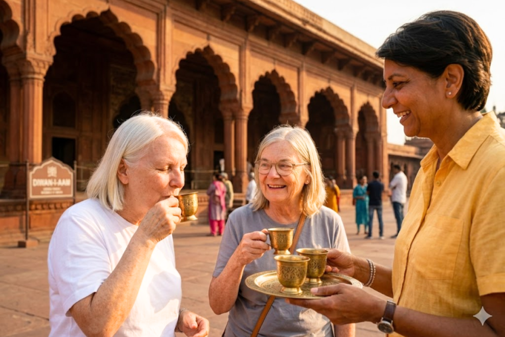 Delhi Guided Tour – Exploring Old & New Delhi with a Local Storyteller, Tourist enjoying sipping coffee and listening the story of Red Fort and its royal palaces interestingly 