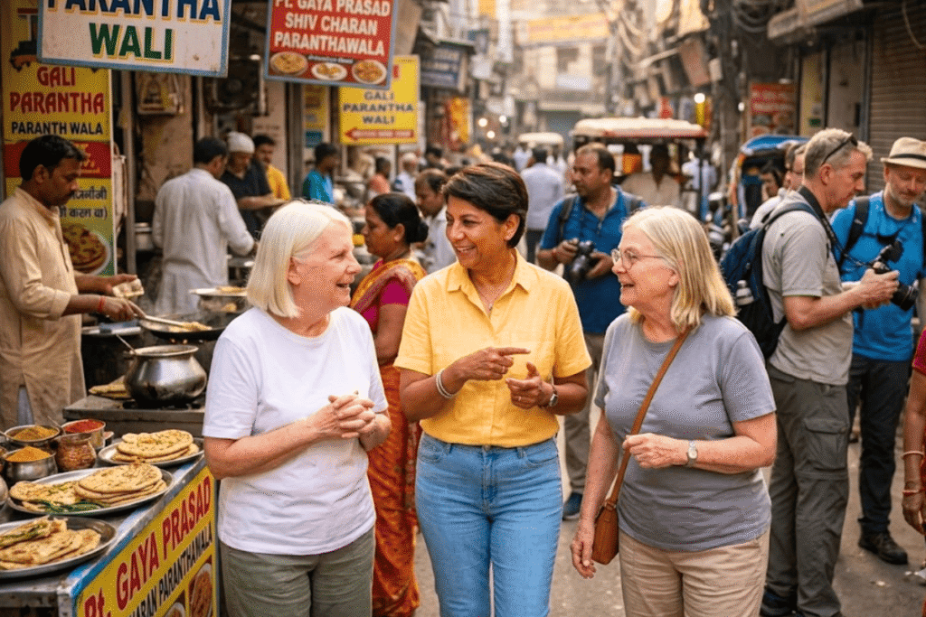 Delhi Guided Tour – Exploring Old & New Delhi with a Local Storyteller Tourist enjoying exploring old Delhi Chandni chowk walking tour with guide