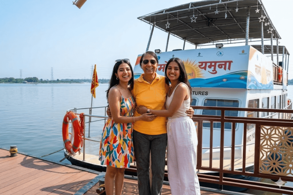 Delhi's Namo Yamuna River Cruise Guide – Ticket Timing & Nearest Metro 1 Delhi Yamuna River Cruise – Complete Guide to Delhi’s New Sunset Boat Ride Experience, Young Boys and Girls enjoying taking selfie with Namo Boat