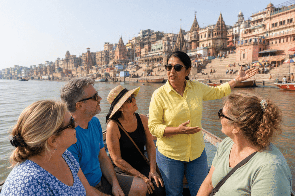  Scenic view of the sacred Ganges river ghats in Varanasi during a private spiritual tour guide experience in India