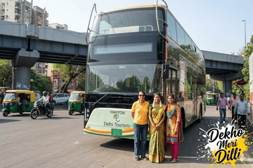 Delhi Double Decker Bus Guided Tour Dekho Meri Delhi 1 Dekho Meri Dilli double decker electric tourist bus near India Gate during a Delhi Double Decker Bus guided tour.