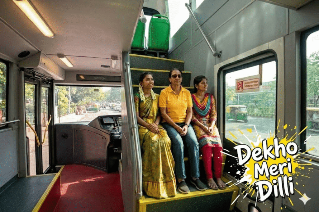 Delhi Double Decker Bus Guided Tour Dekho Meri Delhi 2 Travelers enjoying panoramic views from the open-top Delhi Double Decker Bus guided tour passing Rashtrapati Bhavan and central Delhi landmarks.
