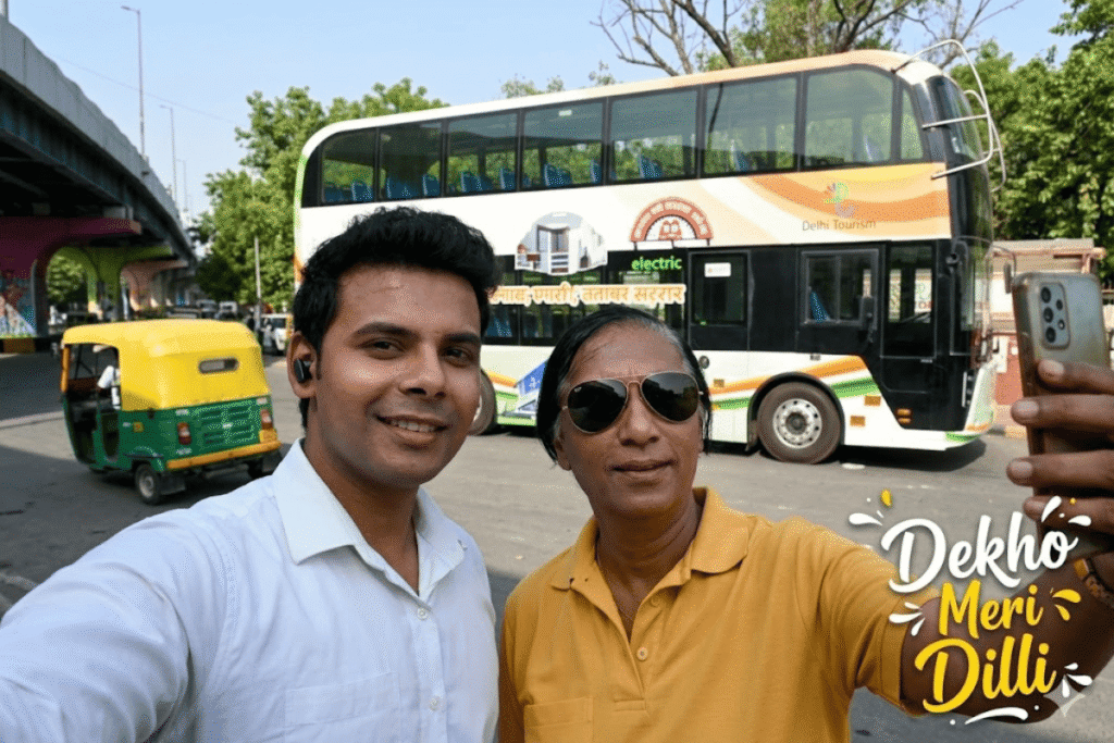 Delhi Double Decker Bus Guided Tour Dekho Meri Delhi 3 Delhi Tourism Dekho Meri Dilli heritage double decker bus parked near Dilli Haat INA before the Delhi Double Decker Bus guided tour.