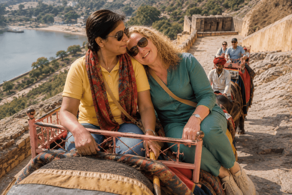 International tourist enjoying elephant ride for Amber fort at Jaipur with Tour Guide in Jaipur:  on the Golden Triangle Tour India