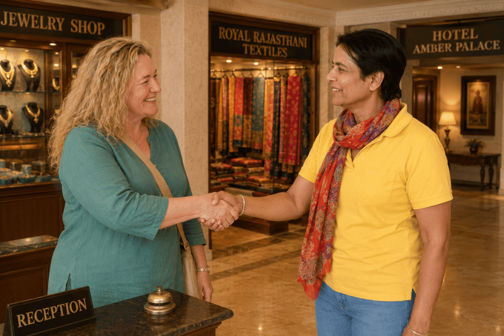 Tour Guide in Jaipur meeting International Tourist at the hotel, a bond of confidence :  Golden Triangle Tour India