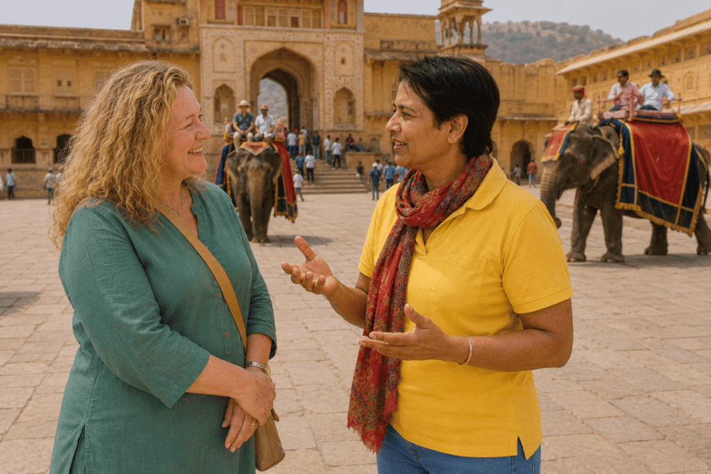 Kath an solo international with Tour Guide in Jaipur listening the history of Jaleb chowk at Amber fort : A Romantic Journey on the Golden Triangle Tour India