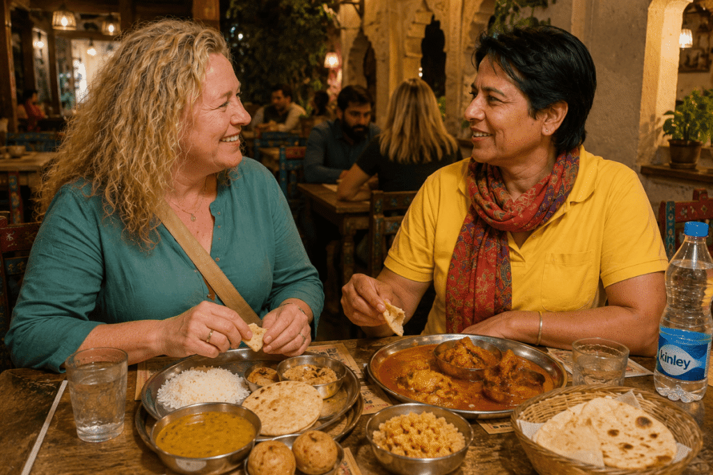 Tour Guide in Jaipur: having a Romantic evening having a Jaipur local food Dal Bati Chicken rice with Tour Guide in Delhi
