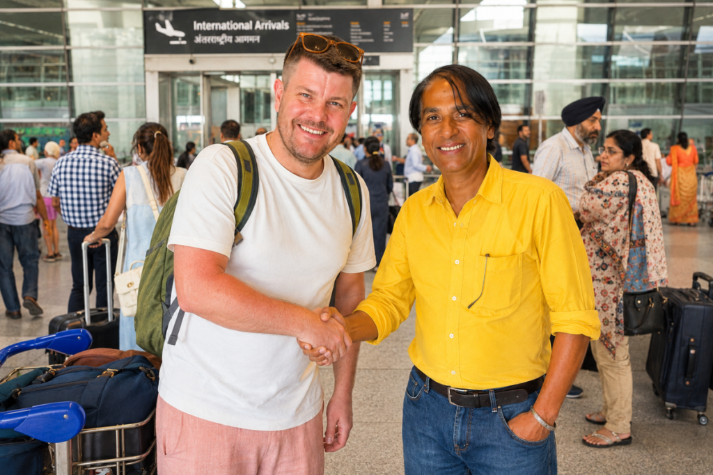 Licensed Delhi tour guide Harry  welcomes a smiling David from London at the Delhi airport terminal