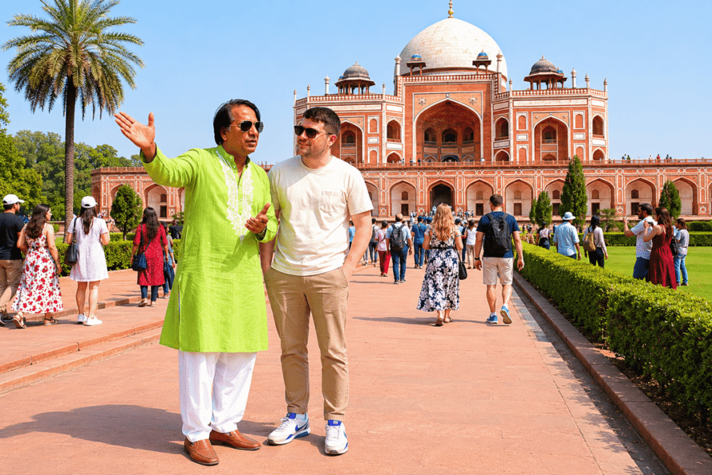 Delhi tour guide showing a Mughal marvel Humayun Tomb to an International Tourists 