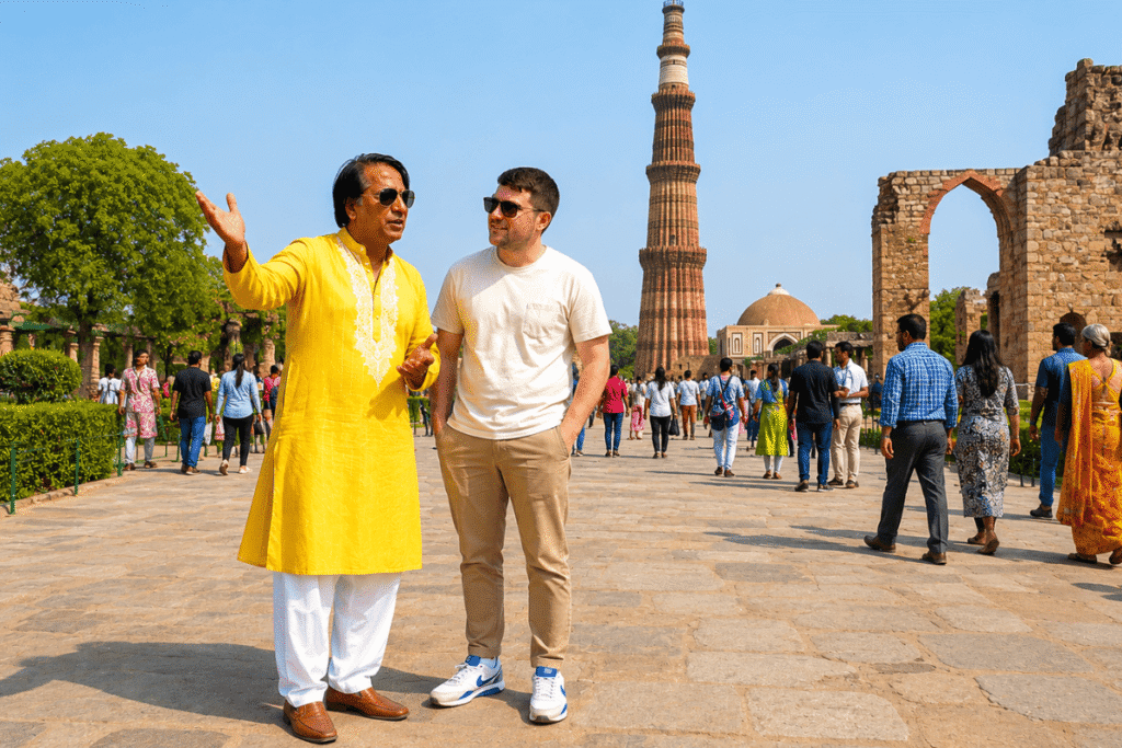 A solo tourist marveling at the intricately carved historic tower of Qutub Minar during a guided tour in Delhi