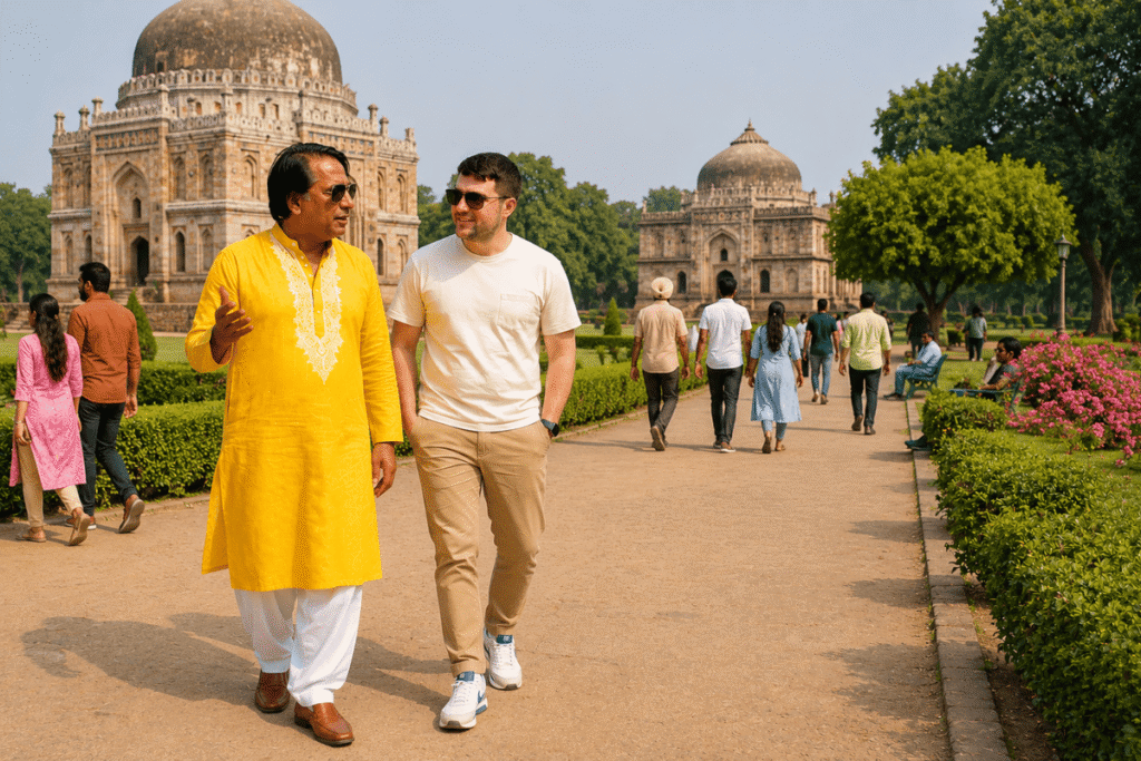 International traveler David exploring the ancient stone tombs and peaceful walking paths of Lodhi Garden with private Delhi tour guide Harry