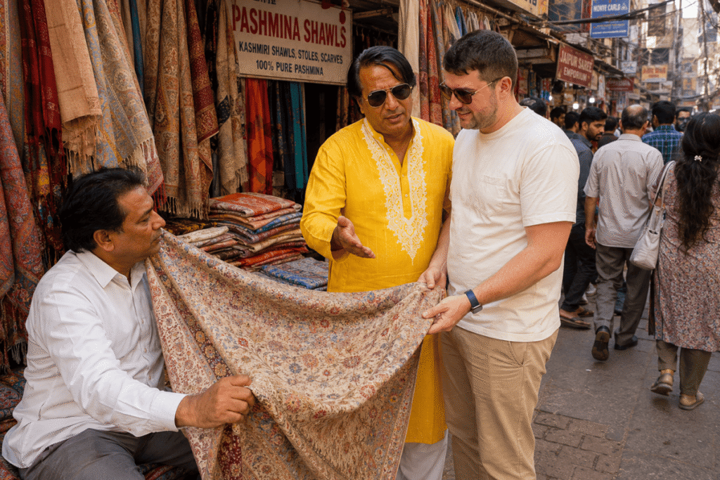 Licensed Delhi tour guide Harry helping a traveler select authentic Pashmina stoles during a customized local market shopping tour