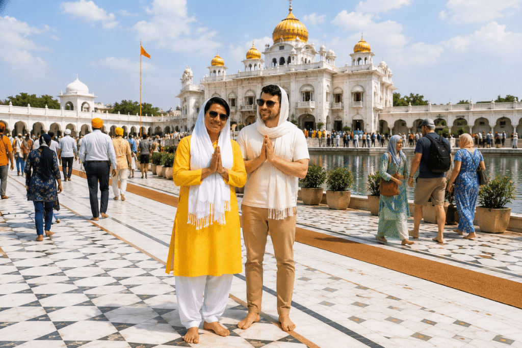 Solo traveler David and trusted Delhi tour guide Harry both covered there head at Gurudwara Bangla sahib enjoying spiritual aura and positive vibes, while walking around the holy pond Sarovar, then they go to kitchen for Langar