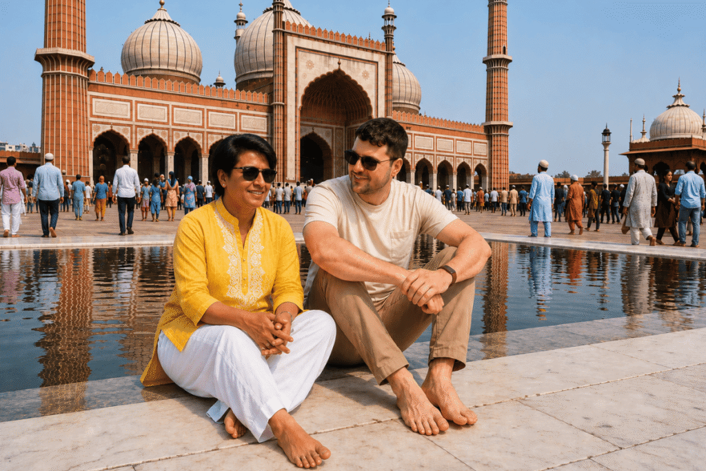 A solo traveler exploring the historic courtyard and grand architecture of Jama Masjid with private Delhi tour guide Harry