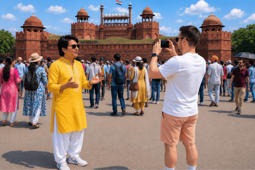 Delhi Tour Guide explaining an international tourist about Mughal king who built Red Fort and Old Delhi his capital
